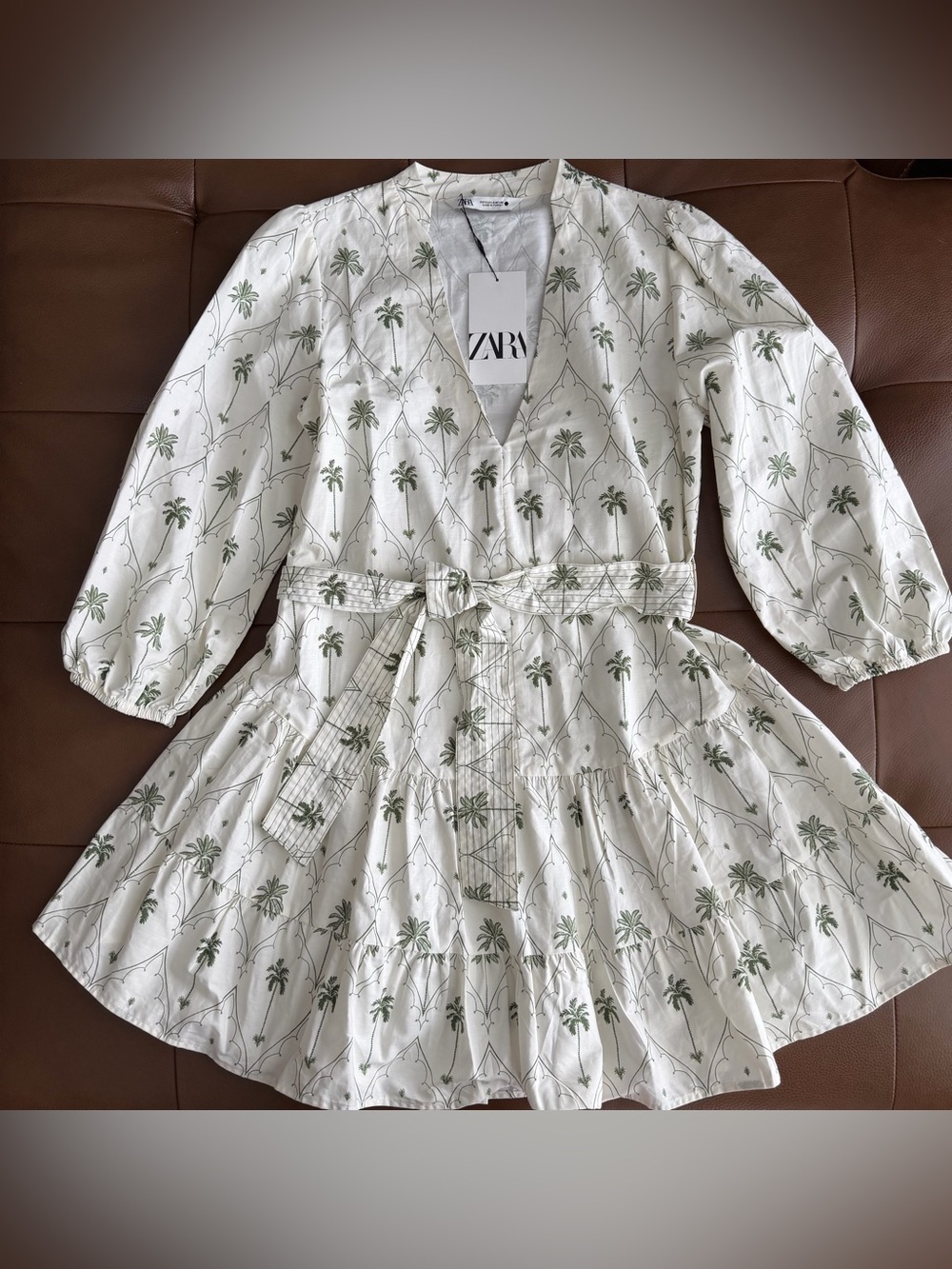 Zara White Mini Dress with Green Palm Print